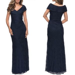 La Femme Navy Blue Lace Maxi Dress